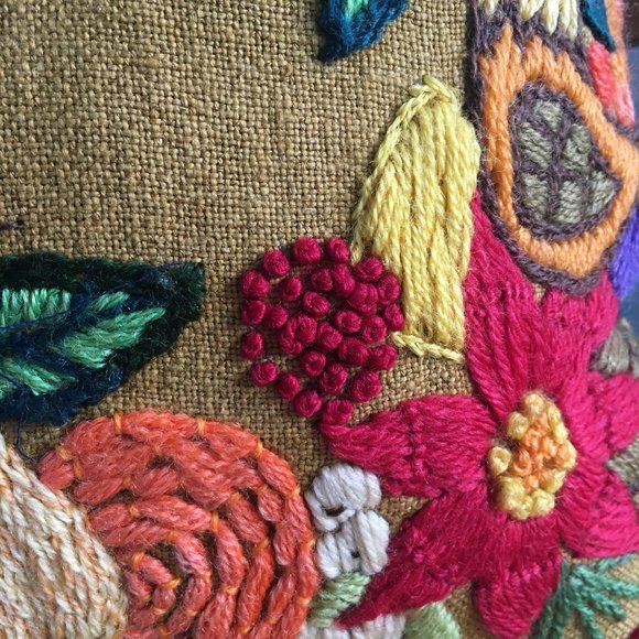 Vintage Finished Crewel Embroidery Repurposed Floral Rectangular Accent Pillow - Picture 12 of 16